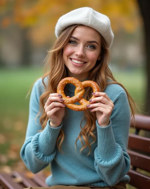 Prompt: Candid photo of a striking beautiful woman, age 21, (green eyes), (cinnamon-blonde hair), (arched eyebrows), (gorgeous diamond face), wearing a (sky-blue sweater) and (white beret), (khaki skirt) suede boots, (curvy figure), sitting on a park bench eating a large soft pretzel, (ultra-detailed), (8k), soft natural lighting, (bright and cheerful ambiance), elegant Fall background blurred softly.