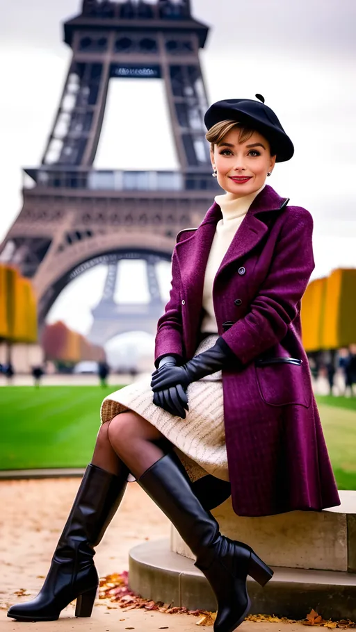Prompt: Audrey Hepburn at 35, plum tweed coat, white sweater & beret, maroon tweed skirt, black leather boots & gloves, posing for family photo at Eiffel Tower park, 8k photo, modern style, elegant, detailed features, Parisian setting, classic, high-res, vibrant colors, joyful atmosphere, autumnal lighting