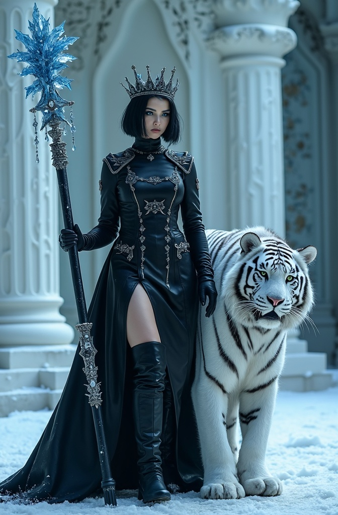 Prompt: Cinematic photo of Mab, Queen of Winter & Darkness, (high detail, 8k), standing in an ornate ice throne room, striking (dark blue eyes), beautiful rectangle face, (pale white skin), short black hair with blue highlights, (curvy figure, long legs), stunning outfit: black leather dress, black fashion boots, adorned with obsidian jewels, dramatic dark makeup, wearing a crown of blue ice crystals, holding a long icicle scepter with silver lacework, fierce white snow tiger at her feet, (bright light) illuminating the scene, (ultra-quality, photorealistic) style, evoking a powerful and captivating atmosphere in a frost-covered realm.