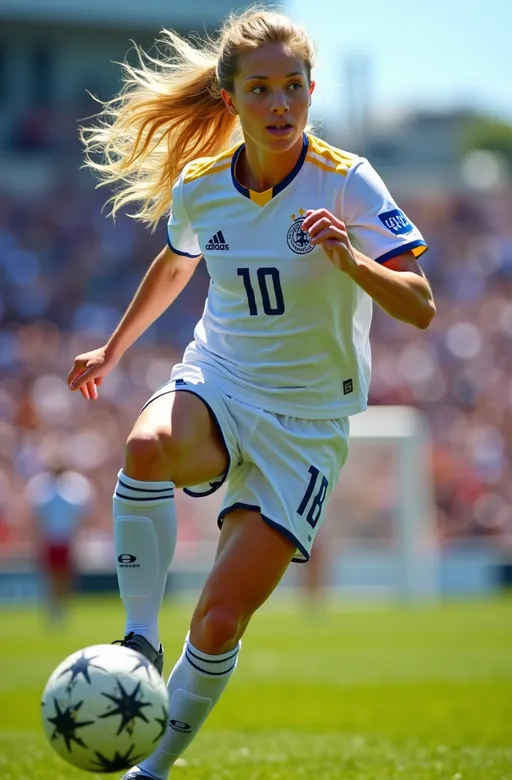 Prompt: photorealistic, (8K), dynamic action shot of a beautiful blonde soccer player, tall, athletic build, (long silky hair), (intense blue eyes), flawless facial features, wearing a sharp white uniform with blue-yellow trim, sprinting toward the goal, set under a brilliant sunny sky, capturing motion and energy, high detail, professional quality, vibrant atmosphere, immersive sports scene with a cheering crowd in the background.