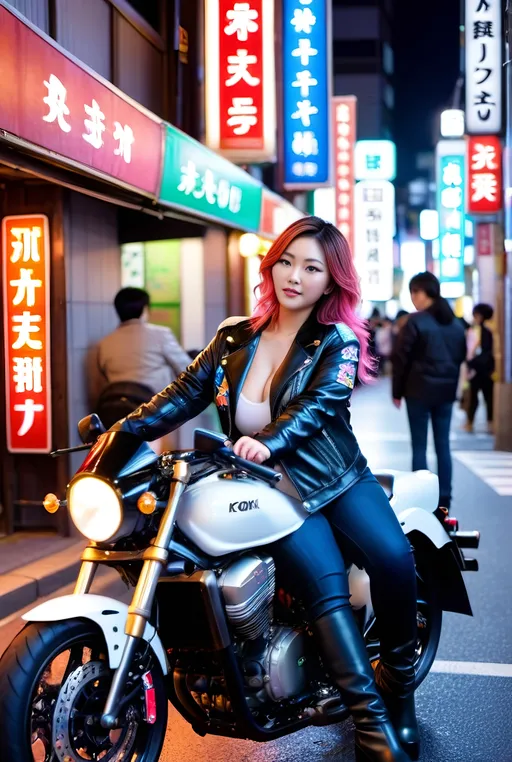 Prompt: Beautiful Japanese plus-size model)|Koyuki|Mikako Tabe, age 25, buxom, multi-color hair, colorful oriental leather jacket, black jeans, (leather boots), sitting on a Tokyo street motorcycle at night, neon lights, signs, many people, intricate detail, 8K photo.