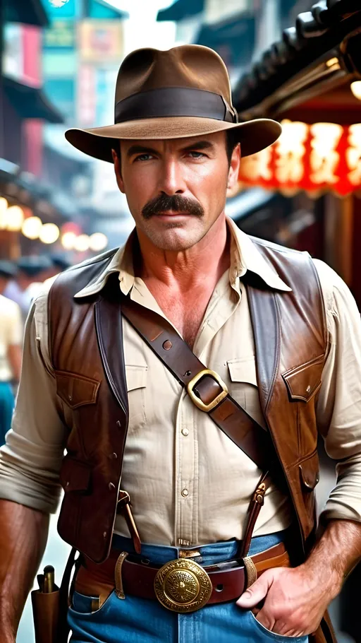 Prompt: Tom Selleck ((age 30)) as adventurer Indiana Jones in a 1930s Hong Kong street, leather vest, linen shirt, denim pants, ammunition bandolier, gun-belt with holster, bull whip, leather flat top cowboy hat, brown cowboy boots, preparing for a fight, 8k photo, detailed facial features, cinematic style, warm tones, atmospheric lighting, Hong Kong setting, intricate details, high quality