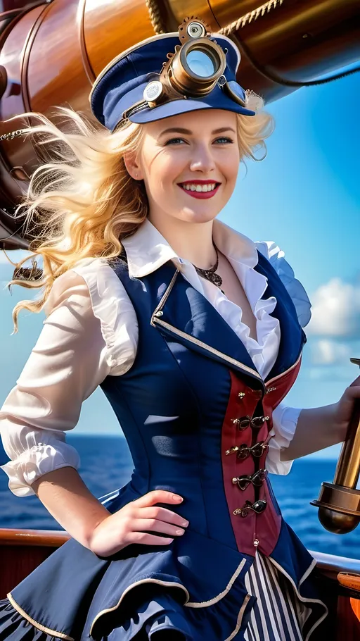 Prompt: Steampunk woman on a ship at sea, porcelain skin, rosy complexion, blue-eyed, windswept blonde hair, smiling, scarlet waistcoat, ruffled white blouse, navy skirt, black boots, milliner's hat, brass, gears, gems, holding a telescope, 8k, steampunk, windswept hair, detailed clothing, nautical theme, antique brass, gem embellishments, joyful expression, professional, atmospheric lighting