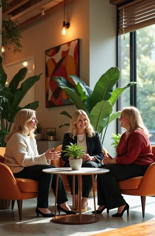 Prompt: Photorealistic tight shot of a chic mid-century modern style office lobby, featuring luxurious details such as large potted plants, vibrant wall sculptures, and stylish mid-century furniture. Featuring close-up focus on Several exceptionally beautiful overweight young Caucasian ladies with (bosomy buxom physiques) & (light colored hair), professional casual attire with cozy sweaters and tailored slacks sitting in the lobby conversing cordially, capturing the upbeat facial expressions exuding a warm ambiance. Soft, natural lighting enhances the inviting atmosphere. Ultra-detailed, showcasing textures and colors that harmonize with the elegant design, in richly detailed and high quality 8k photography.