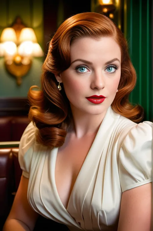 Prompt: stunning actress with green eyes, long auburn hair, in a Hollywood Regency restaurant booth, Old Hollywood, 40s style white dress, broad lapels, pleated skirt, regency glamor, bosomy curvaceous figure, 8k photo, detailed eyes, glamorous, Hollywood Regency, vintage, 40s fashion, elegant, high quality, atmospheric lighting