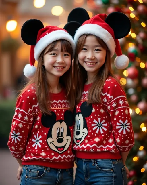 Prompt: photorealistic, (adorably cute teen Asian-American sisters age 15-17) posing for a Christmas portrait, chestnut-auburn hair, (whimsical Christmas sweaters & jeans),, Mickey Mouse hats emphasize (plump round bosomy thick physique), Disneyland decorated for the holidays, warm happy vibe, high detail & quality, (high detailed faces), 8k, pro photography, pro lighting, ultra-detailed environment with festive decorations, comfortable ambiance, joyful expressions.