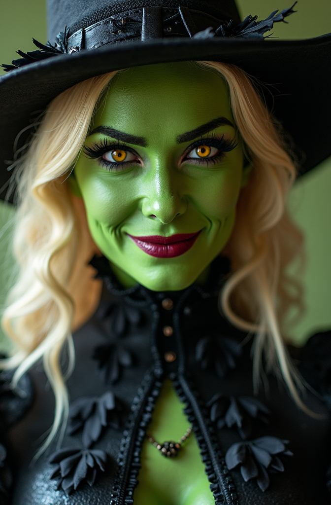 Prompt: Stunningly beautiful blonde woman in elaborate halloween costume as the Wicked Witch from the Wizard of Oz. Flawless green skin, bright yellow eyes, (gorgeous diamond face), feminine physique, dark lace & leather tabard vest  with black feather details and leather skirt, (devilish sneering smile), high detail & quality, 8k, pro photo, dramatic light.