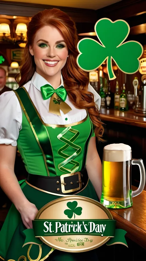 Prompt: 8K full page magazine ((advertisement with "St Patrick's Day" text printed over photo,)) Beautiful Auburn Hair waitress in Leprechaun  costume, buxom figure, green-eyed, smiling, intricate oval face, working in an Irish Pub, wood iron & brass decorations, carrying a tray with drinks, 8k photo, detailed, realistic, warm tones, professional, advertisement with "St Patrick's Day" text, shamrock decorations, st patricks day theme