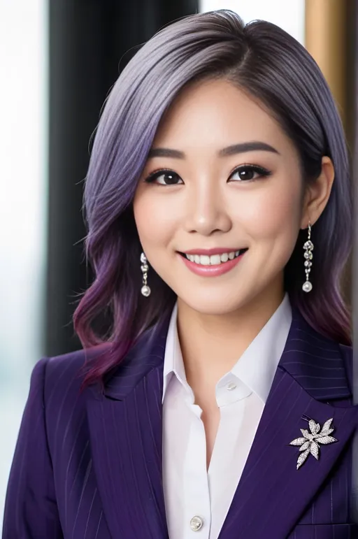 Prompt: Professional profile, beautiful Japanese woman age 25, blue-purple gradient shoulder-length hair, vibrant gray eyes, diamond shaped face, petite nose, professional makeup, high quality, detailed, realistic, profile, elegant pinstriped plum suit, confident expression, professional lighting, high-res, simple pearl earrings, subtle smile