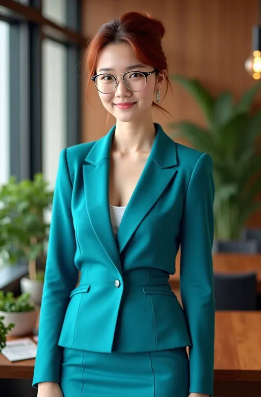 Prompt: photorealistic 8k photo, (strikingly beautiful) Korean woman, age 30, (elegant updo auburn hair), (flawless round face), (curvaceous physique), (sapphire-gray eyes), (warm smile), (chic cyan blazer & skirt), (silver frame glasses), professional office environment, (dark wooden furniture), (lush plants), (oriental decor), (well-lit ambiance), (high detail), (ultra-detailed quality), (contemporary atmosphere).