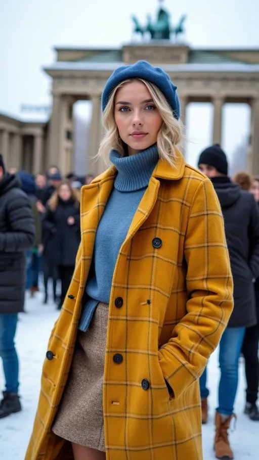 Prompt: Beautiful woman age 21, intricate square face, upturned nose, blue-eyed, blonde hair, rosy skin, yellow plaid wool coat, blue beret, blue sweater, khaki tweed skirt, brown leather boots, standing in a crowded snowy Berlin park, Brandenburg Gate in the background, 8k photo, detailed, high-res, realistic, winter fashion, natural lighting, historical landmark, vibrant colors, professional photography