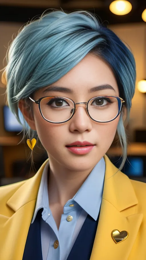 Prompt: Professional 8k photo of a beautiful Japanese woman, hazel-eyed, colorful hair, intricate heart-shaped face, gold frame glasses, wearing yellow blazer, light blue blouse, navy blue skirt, working in a digital art studio, high quality, detailed, realistic, professional attire, modern, warm lighting, digital art studio setting, detailed facial features, 8k resolution, elegant, sophisticated, natural beauty, warm tones, professional environment