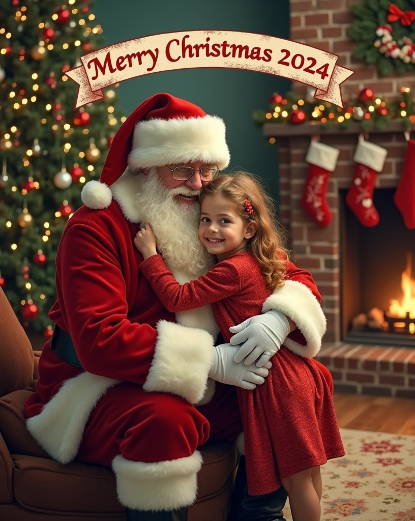 Prompt: Norman Rockwell style Christmas postcard of Santa Claus hugging a cute young cinnamon-blonde girl in a cozy living room decorated for the holiday with stockings on the fireplace mantle and a huge lighted tree with ornaments. Whimsical holiday spirit, well lit, high detail & quality, 8k, text banner arched across top of image reads “Merry Christmas 2024”.