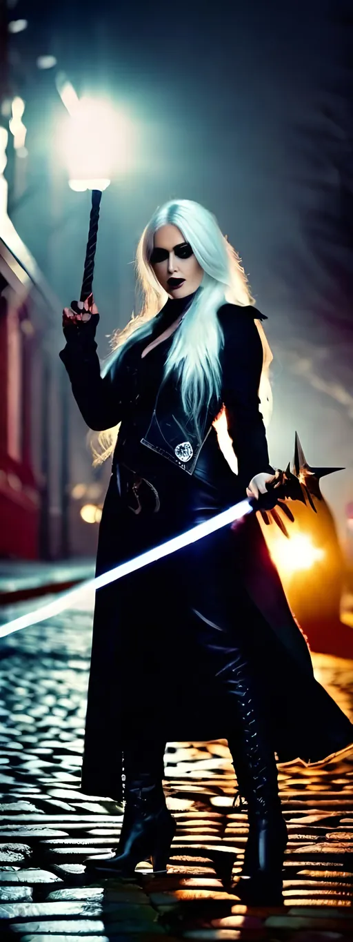 Prompt: Beautiful female shadow warrior with bolts of electricity arcing from her magic wand, tall, long white hair, black eyes, dark gothic makeup, pale skin, black leather duster, black vest with celtic runes, black leather boots, cinematic, horror, 8K photo, key light, standing in a cobblestone lane, foggy night, intricate details.