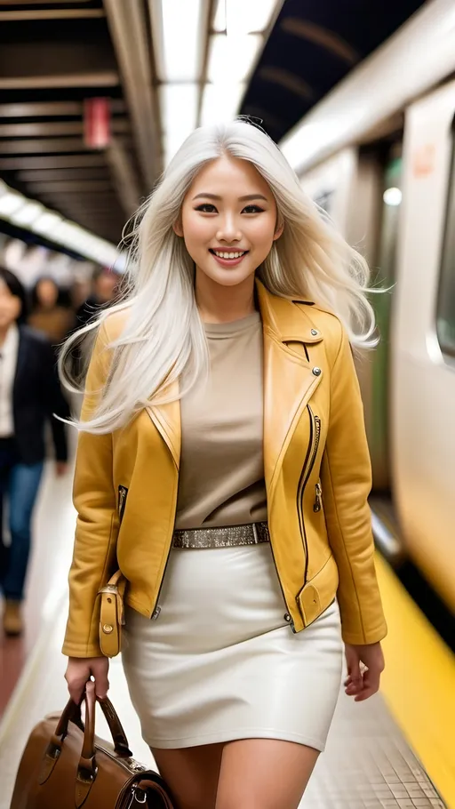Prompt: Japanese model, beautiful diamond face, long white hair with dark highlights, hazel-eyed, white leather jacket, yellow sweater, khaki skirt, brown leather boots, leather handbag, smiling, buxom, curvaceous figure, walking in crowded subway station, 8k photo, graceful movement, active scene, highres, detailed, elegant, urban, warm lighting
