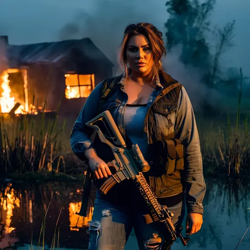 Prompt: <mymodel> Beautiful caucasian woman, filthy & tattered cropped top & jeans, holding assault rifle, ((smudged & dirty face)), perfect face, standing in swamp with feet apart, burning cottage in background, reeds, misty, night time, 8K photo, cinematic, apocalyptic, horror, dim light.