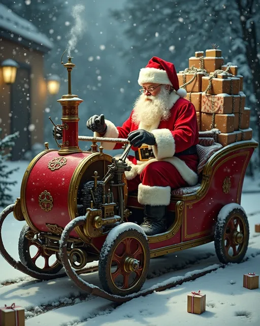 Prompt: Santa Claus repairing his broken down steam powered sleigh. Hood is open on red white & brass steampunk style sleigh. Sleigh is loaded with lots of wrapped Christmas packages. Whimsical humorous holiday scene, postcard style photo, 8k, high detail & quality, pro photo.