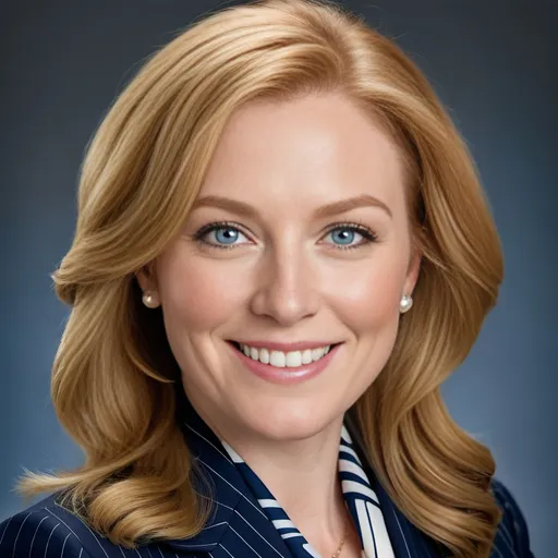 Prompt: professional head & shoulders portrait of a beautiful business woman, thick strawberry blonde hair, blue eyes, modest pearl jewelry, intricate square face, demure smile, navy pinstripe suit, geometric color-block silk scarf, highres, professional, detailed hair, elegant attire, sophisticated lighting
