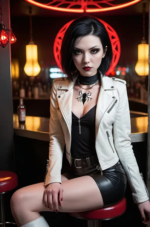 Prompt: Beautiful Japanese vampire, pale white skin, short spiky red|black hair, vibrant yellow eyes, intricate angular face, prominent cheekbones, intense gaze, opulent, white leather jacket, no blouse, white leather slacks & boots, ((necklace with black widow spider ruby pendant)), red lipstick, sitting on a barstool in a busy crowded nightclub, 8K photo, highres, detailed, gothic, vampiric, intense eyes, sleek design, professional, dramatic lighting