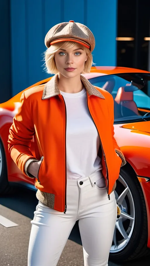 Prompt: Beautiful young woman, short blonde hair, blue eyes, perfect square face, red ski jacket, white tee, white jeans, white sneakers, tweed newsboy cap, standing next to orange Porsche, 8k photo, ads-advertising style, modern, high-fashion, vibrant colors, professional lighting