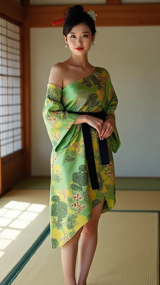 Prompt: Tall beautiful Japanese woman with (piercing gray eyes), high arched light brown brows, petite nose, prominent dimples, upturned wide mouth, (warm smile), (silver and jade jewelry), vibrantly colorful knee-length green & yellow screen-printed asymmetrical silk dress (off one shoulder cut) with black sash, long shapely legs, (soft buxom curvaceous figure), j(et black hair in and updo with red chopsticks in the topknot), dark eyeliner, dark red lipstick, (standing barefoot) on a tatami mat in a shoji screened room with traditional shrine along the wall, well lit space, colorful, filtered sunlight from the left, 8k, pro photography, elegantly posed, high detail & quality.