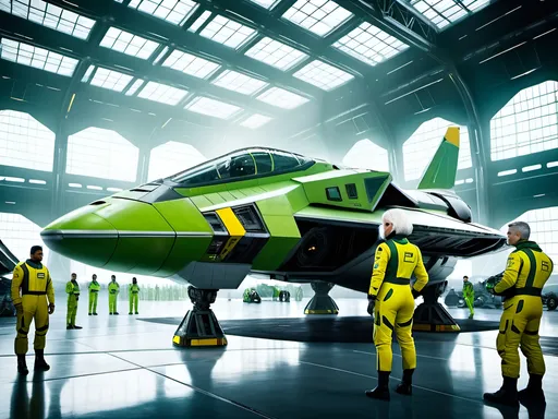 Prompt: futuristic-sci-fi image of a huge spaceship hangar, sleek space-fighters being serviced by ground crew, young female officer with white hair in green and yellow flight suit giving orders, 8k photo, military, futuristic, spaceship hangar, sleek design, ground crew, servicing, space-fighters, young female officer, white hair, green and yellow flight suit, giving orders, high quality, futuristic-sci-fi style, detailed maintenance, professional, atmospheric lighting