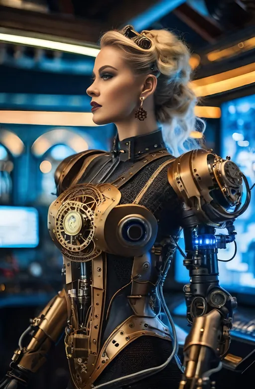 Prompt: 8K photo, cinematic, retro sci-fi, steampunk robot|cyborg woman with ((human head and mechanical robot body)), machine arms with exposed wires and gears, electric heart, beautiful face, blue eyes, blonde hair, clockwork gears, brass, glass, wires, top hat, standing in a steampunk control room, gauges, buttons, levers, high detail.