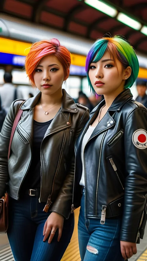 Prompt: Two Japanese women with colorful hair, hazel eyes, leather jackets, waiting in a Tokyo train station, 8k photo realistic, detailed fashion, realistic lighting, urban setting, plump curvy figure, modern, stylish, vibrant colors, high quality, photo-realistic, 8k, high-res, detailed hair, fashionable, trendy, Tokyo train station, stylish composition, professional photography