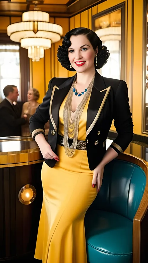 Prompt: Elegant woman, age 35, in a busy, crowded & sophisticated art deco lounge, high-res photo, curvaceous figure, apricot jewel neck blouse, elaborate ruby pendant, yellow & black herringbone jacket, yellow skirt, black fashion boots, beautiful diamond face, curly blue-black hair, vibrant blue eyes, demure smile, sophisticated lighting, art deco interior, plump buxom physique, professional photography, high fashion, detailed makeup, vibrant colors, elegant atmosphere
