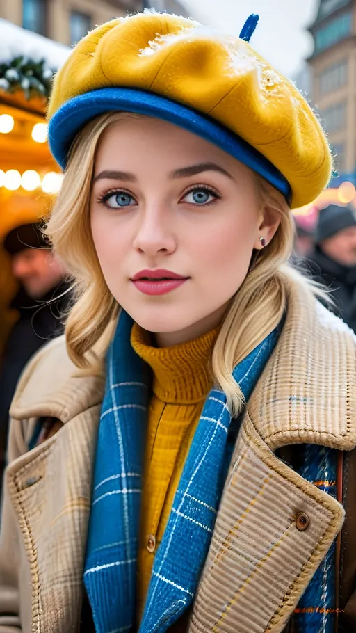 Prompt: Beautiful woman age 21, intricate square face, upturned nose, blue-eyed, blonde hair, rosy skin, yellow plaid wool coat, blue beret, blue sweater, khaki tweed skirt, brown leather boots, snowy crowded Alexanderplatz Berlin, traditional strudel cart, 8k photo, realistic, vibrant colors, detailed textures, classical realism, snowy scene, European fashion, charming winter atmosphere, professional lighting