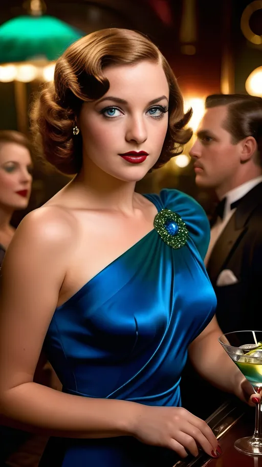 Prompt: Chic French lady in 1930s ((electric blue cocktail dress)), holding a martini, sultry expression, sloe-eyed, curly auburn hair, detailed green eyes, curvaceous-figure:2.0, elegant vintage glamour, bustling crowded club background, dark and moody lighting, detailed facial features, professional, 8k photo, vintage, glamorous, detailed eyes, sultry, chic, crowded, moody lighting, vibrant blue dress