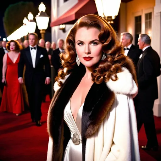 Prompt: Elegant Hollywood actress, long curly chestnut hair, white formal gown, sable fur coat, walking on red carpet, Carthay Circle Theatre, movie premier event, glamorous, high society, vintage Hollywood, detailed facial features, classic film noir style, warm vintage lighting, high quality, detailed, glamorous, vintage, classic film noir, vintage Hollywood, red carpet, detailed facial features, chestnut hair, sable fur coat, white gown, vintage lighting