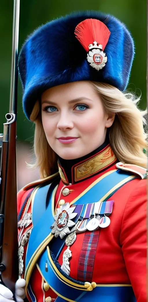 Prompt: Beautiful Female Buckingham Palace King's Guard in blue tartan uniform, kilt, fur hat, leather boots, perfect square face, long blonde hair, vibrant blue eyes, holding traditional Enfield rifle, daylight, high-res, professional photo, royal, detailed facial features, traditional, prestigious, majestic, vibrant colors, historic landmark, ornate details, regal pose, precise details, ceremonial, British, honor guard, vibrant lighting, detailed facial features