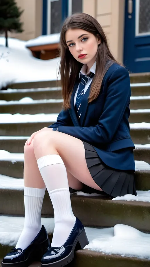 Prompt: tall attractive cute brunette schoolgirl, blue eyes, beautiful golden-ratio face, long shapely legs, pale skin, ankle-length white socks, flat black shoes, short black pleated skirt, navy blazer & tie, sitting on outdoor concrete steps, icy snowy scene, unhappy expression, 8k photo, full curvaceous physique, detailed, realistic, winter, outdoor, schoolgirl, snowy, icy, pale skin, long legs, black shoes, detailed eyes, cold atmosphere