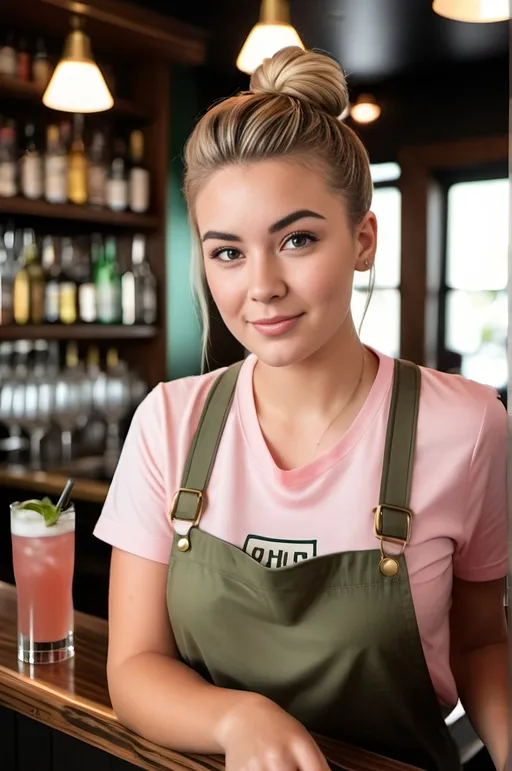 Prompt: Beautiful bartender girl, age 25, cream skin, short dark-blonde updo bun style hair, green downturned slit eyes, plump heart face, light eyebrows, sharp upturned nose, weak square chin, ((no lipstick)), wearing pink tee, khaki city shorts, sneakers, standing at the counter mixing drinks, pro lighting, high-res, pro photo, dynamic atmosphere, upscale bar, dark woods and brass details