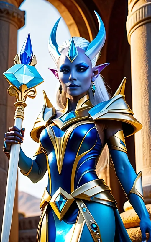 Prompt: futuristic sci-fi, blue fleshed alien lifeform, Head & shoulders 8K photo of a beautiful blue alien warrior princess with blue skin & white hair, yellow eyed, intricate diamond shaped face, pointed elfin ears, wearing a jeweled tiara magenta tunic & white sash, Holding a bejeweled golden scepter, standing in front of a stone column, sci-fi, cinematic lighting, high detail.