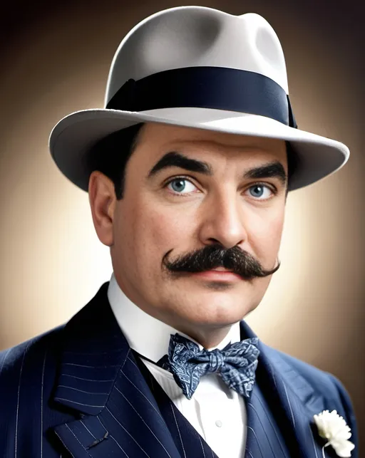Prompt: professional profile of a 1930s Hercule Poirot, thick dark hair, blue eyes, handlebar mustache, intricate square face, strong jawline, narrow nose, intense gaze, gray pinstripe suit, navy silk bowtie, ((fedora)), white carnation in his lapel, highres, professional, detailed mustache with curled ends, elegant attire, sophisticated lighting, vibrant colors, detailed carnation flower