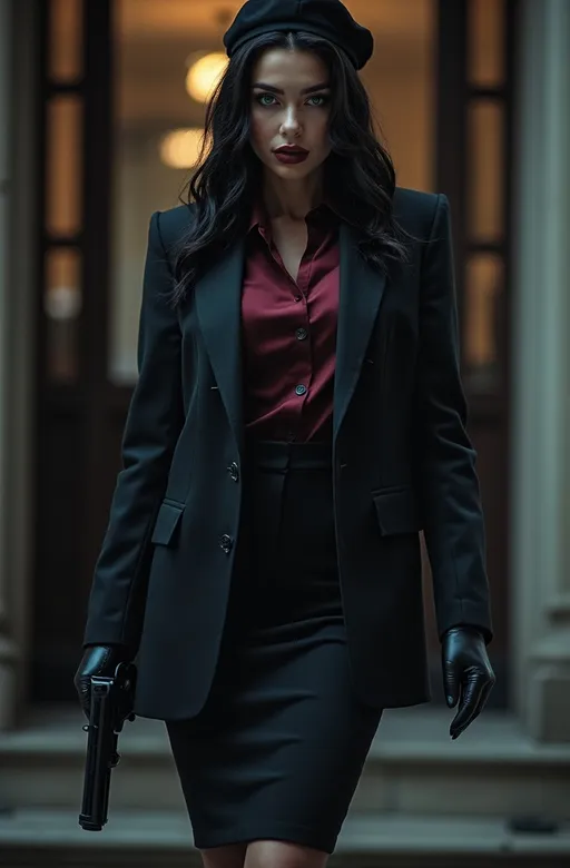 Prompt: Detective Rene Duval is a Tall raven-haired young woman in dark suit, (pencil skirt) and (maroon blouse), (black beret), (boots), and (gloves), standing in shadows of building portico, holding a black pistol in her right hand, strikingly beautiful face, vibrant blue eyes (intense gaze), (film noir detective style), foreboding atmosphere, (dramatic lighting), ultra-detailed, cinematic, (8K quality), deep contrasts, mysterious background, capturing the essence of intrigue and tension.