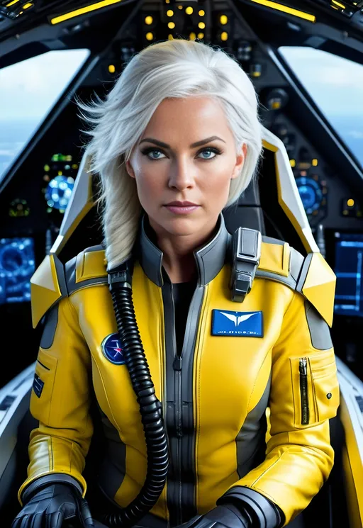Prompt: Flight crew in yellow uniforms, futuristic fighter craft, detailed controls, blue-eyed female commander with white hair, military, cinematic, futuristic, 8k photo, detailed cockpit, professional, intense atmosphere, high-tech, futuristic lighting, futuristic military, sleek design, detailed eyes, ultra-detailed, detailed uniforms, advanced technology, atmospheric lighting