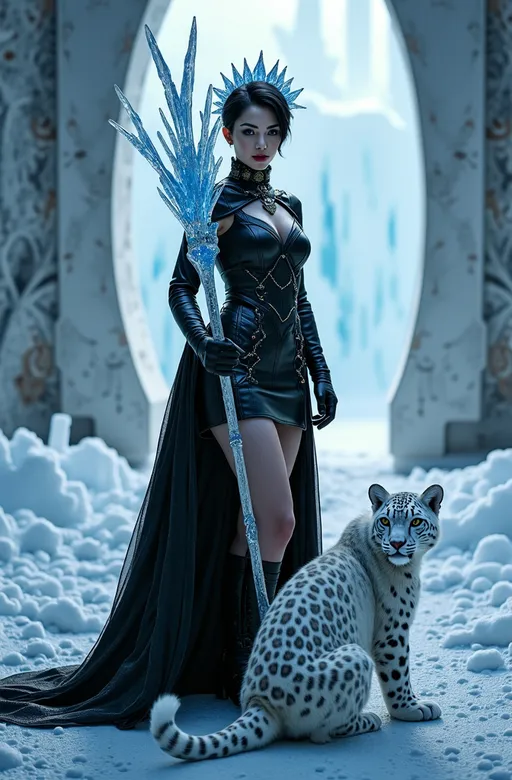 Prompt: Cinematic photo of Mab, Queen of Winter & Darkness, (high detail, 8k), standing in an ornate ice throne room, striking (dark blue eyes), beautiful rectangle face, (pale white skin), short black hair with blue highlights, (curvy figure, long legs), stunning outfit: black leather dress, black fashion boots, adorned with obsidian jewels, dramatic dark makeup, wearing a crown of blue ice crystals, holding a long icicle scepter with silver lacework, fierce white snow leopard at her feet, (bright light) illuminating the scene, (ultra-quality, photorealistic) style, evoking a powerful and captivating atmosphere in a frost-covered realm.