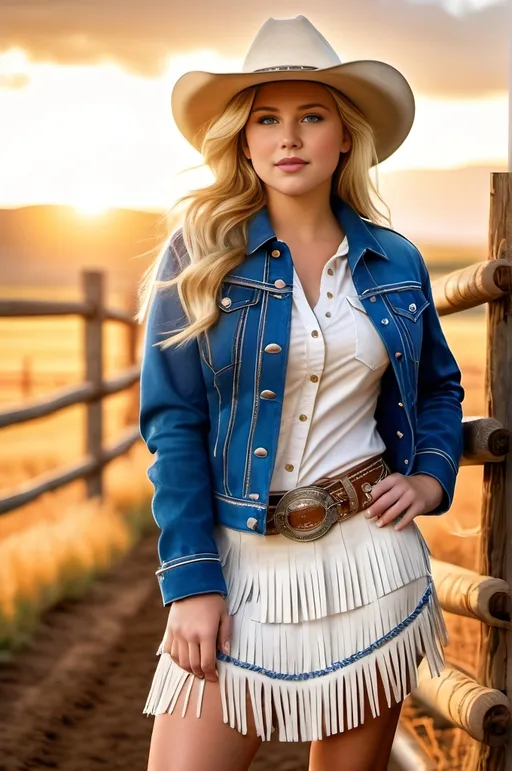 Prompt: Pretty blonde teenage rodeo girl, vibrant blue eyes, beautiful round face, wearing a (blue denim jacket with white fringe detail), (chambray shirt), (brown suede fringed skirt), (white cowboy boots), (cowboy hat), holding a lasso, warm light, photorealistic, professional photo, high-res, curvy physique, detailed textures, crisp focus, warm and inviting atmosphere, golden hour lighting, ranch background with fencing and open fields, vibrant colors, 4K, ultra-detailed.