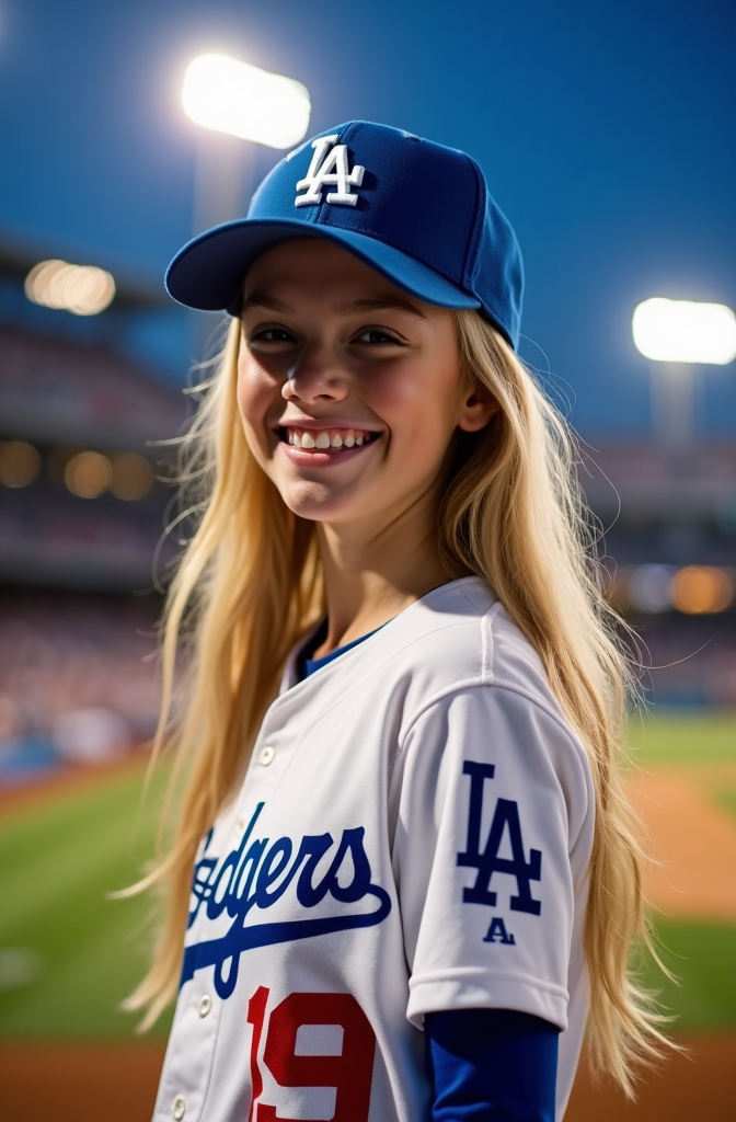 Prompt: Beautiful young Los Angeles Dodgers Ball Girl in uniform at Dodger Stadium, at night under the field lights, long blonde hair flowing from her Dodgers baseball cap, happy expression, crowded stadium, high detail & quality, pro photo