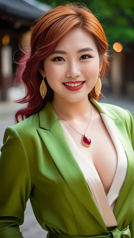 Prompt: Beautiful ivory-skin overweight bosomy Japanese woman, flawless rosy complexion, age 25, ((vibrant green eyes)), coppery metallic orange hair, almond shaped eyes, upswept eyebrows, triangle face, upturned nose, prominent cheekbones, plum glossy lipstick, big smile, ruby pendant, ruby earrings, red linen blazer, low-cut white silk blouse, khaki skirt, 8k, professional photo, deep cleavage, elegant, detailed eyes, luxurious, high fashion, portrait, vibrant colors, romantic lighting, green eyes, focal point on cleavage,