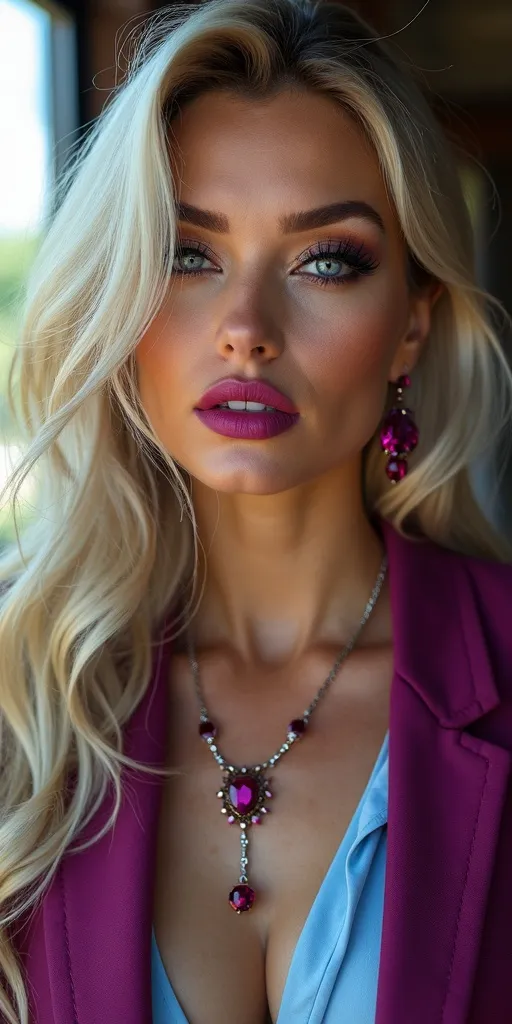 Prompt: Beautiful suntanned woman, striking icy blue eyes, long narrow nose with button tip, arched brows, prominent cheekbones, long thick & silky silver-blonde hair draped covering one eye, (smoky makeup with dark purple eyeshadow and ruby lips), ruby earrings, sapphire & ruby mesh necklace. (Slightly chubby), wearing Stylish Mauve blazer, sky-blue blouse, vibrant colors, warm lighting, soft shadows, photorealistic, ultra-detailed 8K resolution, professional photography, fashion-forward style, intense dangerous gaze, mysterious ambiance.