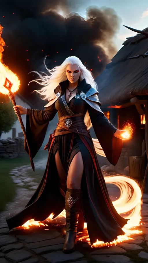 Prompt: Dark Sorceress with glowing red eyes, flowing white hair, dark runic robes and boots, shooting bolts of dark magic from her staff, small country village set afire, 8k digital render, realistic, dark fantasy, detailed eyes, flowing hair, dynamic magic, high-res, dramatic lighting