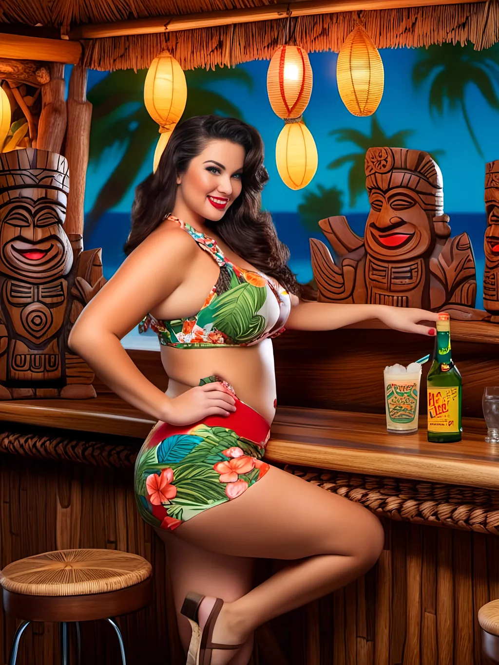 Prompt: <mymodel>Photorealistic profile view of a beautiful buxom woman, dark hair, outdoors at a Tiki Bar, wearing a detailed tropical print swimsuit and leather sandals, intricately detailed face, pale skin, fat physique, pin-up style pose, modern lighting, highly detailed, tiki theme, intricately carved tikis, 8k photo