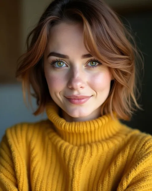 Prompt: Photo portrait of a striking beautiful woman (age 21), upturned round green eyes, cinnamon shag cut hair, arched brown eyebrows, high cheekbones, snub nose, cupid's bow mouth, subtle smile, smooth prominent double chin, chubby cheeks, yellow sweater, high detail & quality, 8k.