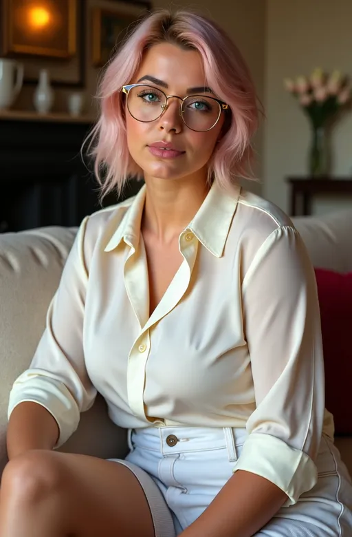 Prompt: photorealistic 8K photo, (strikingly beautiful) (intelligent sophisticated) (elegant plump California woman), chic cream silk blouse, white denim shorts & sandals, sitting in profile on plush sofa, flawless round face, ice-blue eyes, gold frame (rectangular eyeglasses), chic (shaggy bob cut) pink-blonde hair, (ultra-detailed) (high quality), (luxurious living room) setting, opulent furnishings, soft ambient lighting, sophisticated atmosphere, elegant decor elements, rich textures, inviting and refined background. Capturing her exceptional beauty and charm.