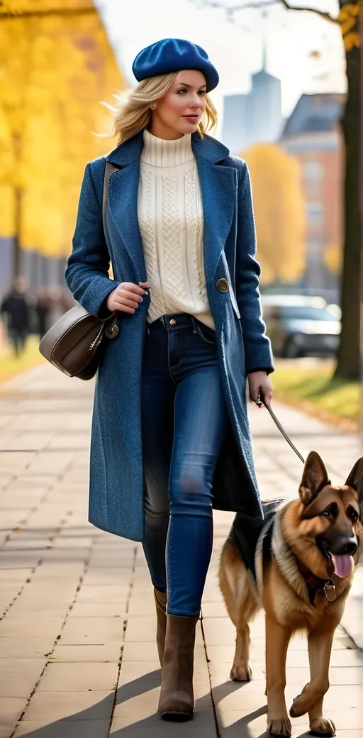 Prompt: Beautiful blonde woman walking her german shepherd dog, Berlin park, skyline background, intricate square face, blue tweed coat, white sweater, jeans, boots, blue beret, leather leash, daylight, high-res, realistic, detailed, urban, elegant, natural lighting, detailed facial features, realistic fur textures, stylish, fashionable, serene atmosphere