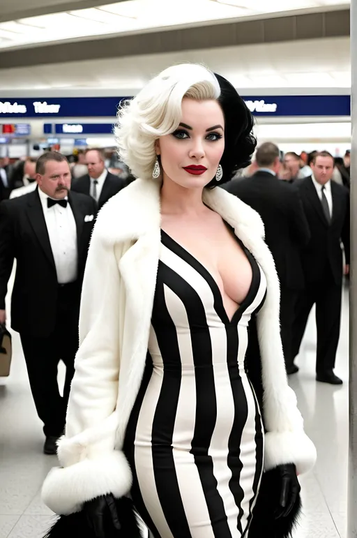 Prompt: Modern color photo of beautiful Cruella De’Ville, sharp focus, flawless face, crowded airport terminal, curvaceous, bosomy, broad bottom, natural skin detail, realistic, black & white asymmetrical striped body con dress with black fur trim, vibrant colors, high-res, crowded airport terminal, pro photo, modern style, realistic lighting